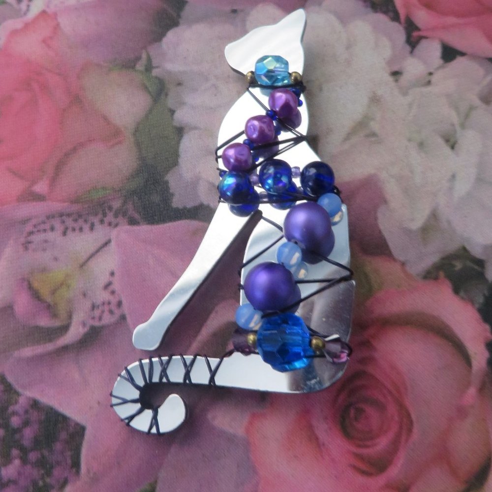 ❤️Rare LIZTECH Signed 1993 CAT Beaded Pin Brooch 3"